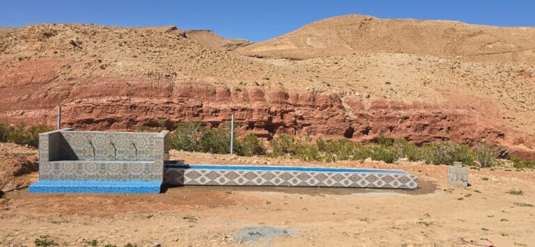Traditional zellige water fountain built by Mythic Morocco Tours for nomadic families living in caves near Teltfrawt in the Dades Valley, Morocco.
