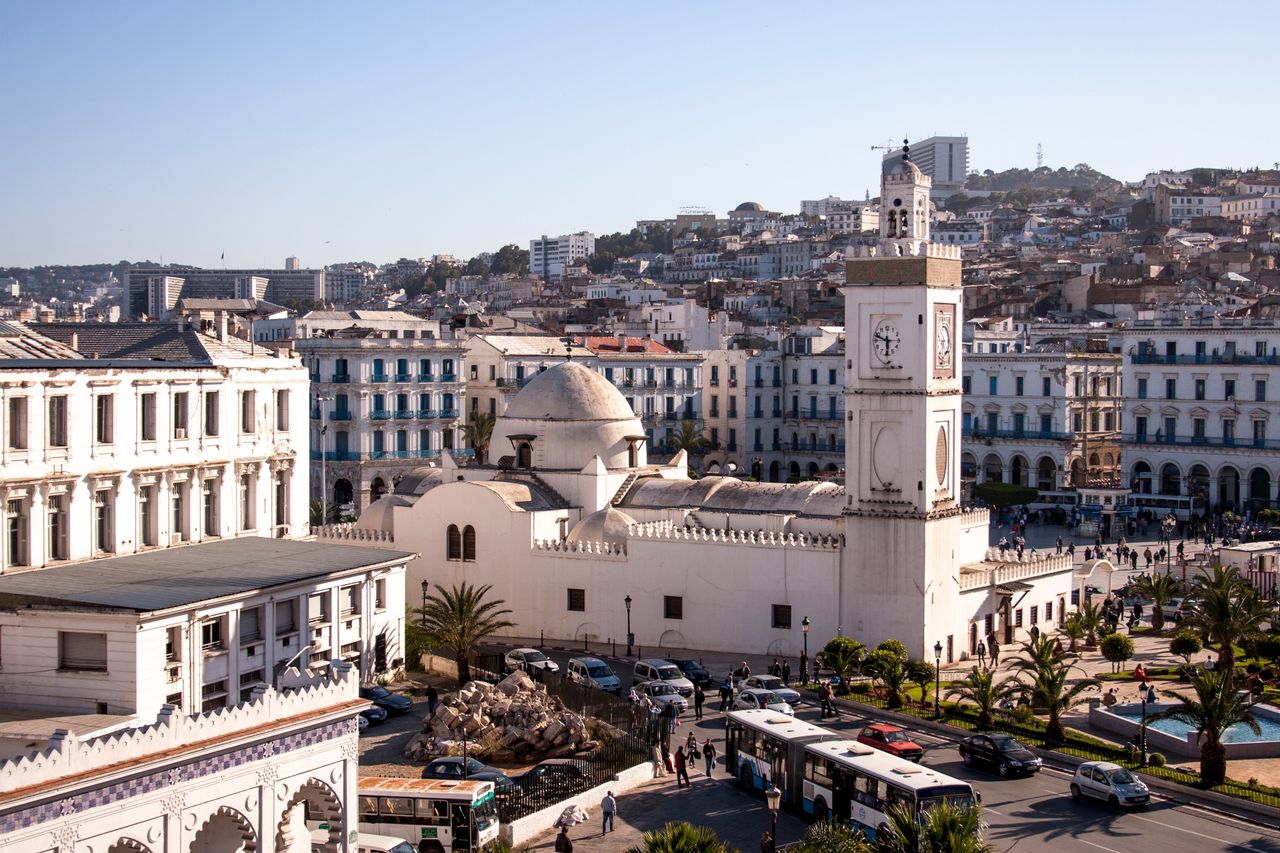 Aerial view of Algiers showcasing the historic Djamaa el Djedid Mosque during the day.
