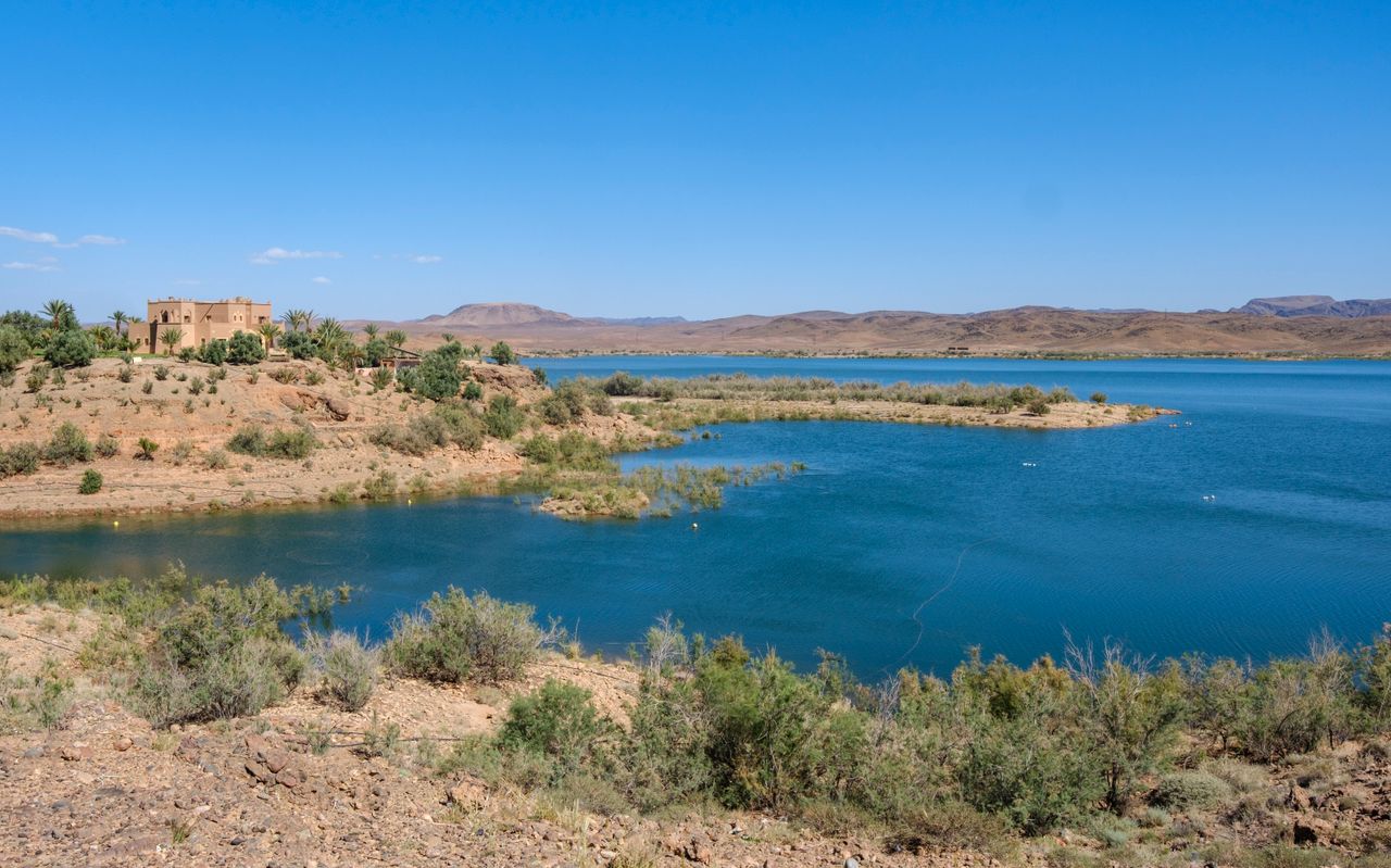 Beautiful landscape of Ouarzazate Lake and desert surrounding in Morocco.