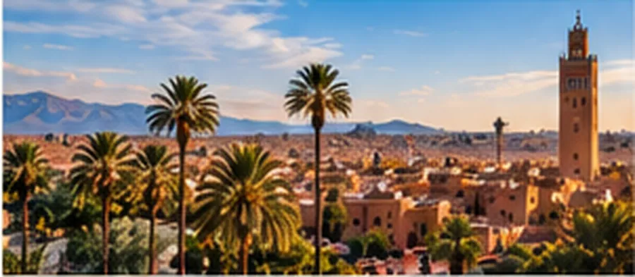 Marrakech medina, palm trees and historic city landscape in Morocco